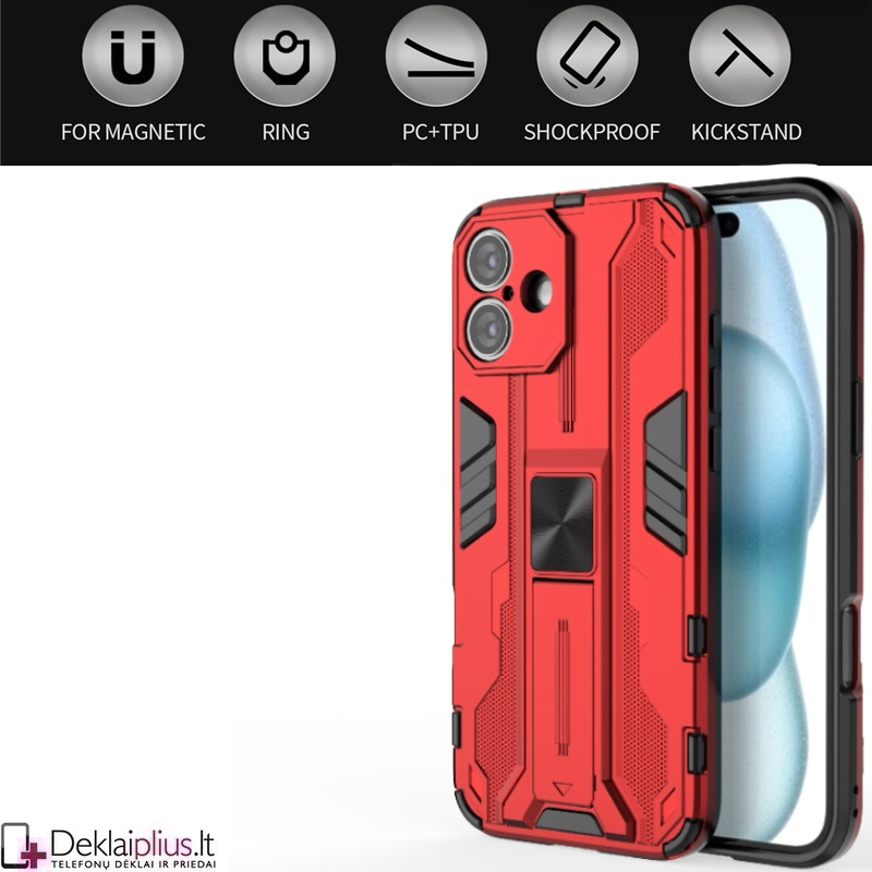 Šarvuotas dėklas su kojele - raudonas (Apple Iphone 16) Šarvuotas dėklas su kojele - raudonas (Apple Iphone 16)